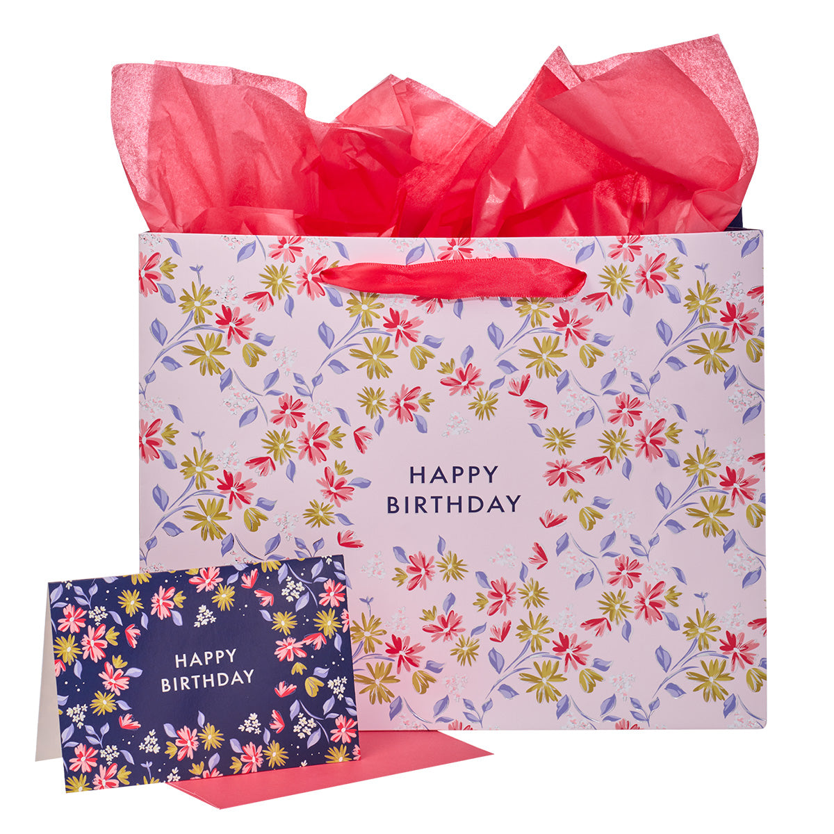 Green & Pink Flower Design Happy Birthday Gift Bag With Card