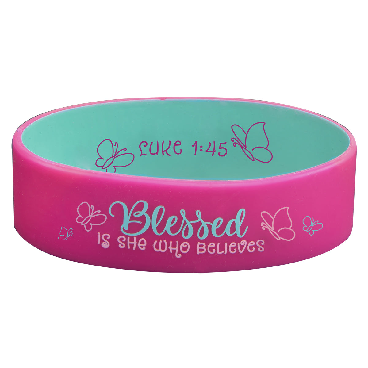 Blessed Is She Who Believes Pink Silicone Wristband - Luke 1:45