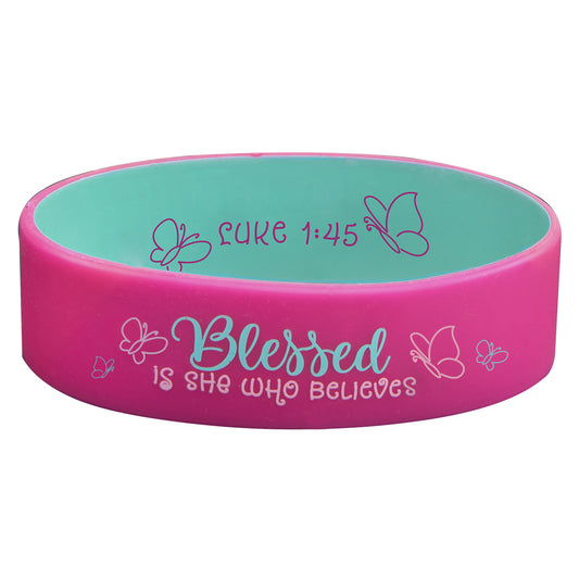Blessed Is She Who Believes Pink Silicone Wristband - Luke 1:45