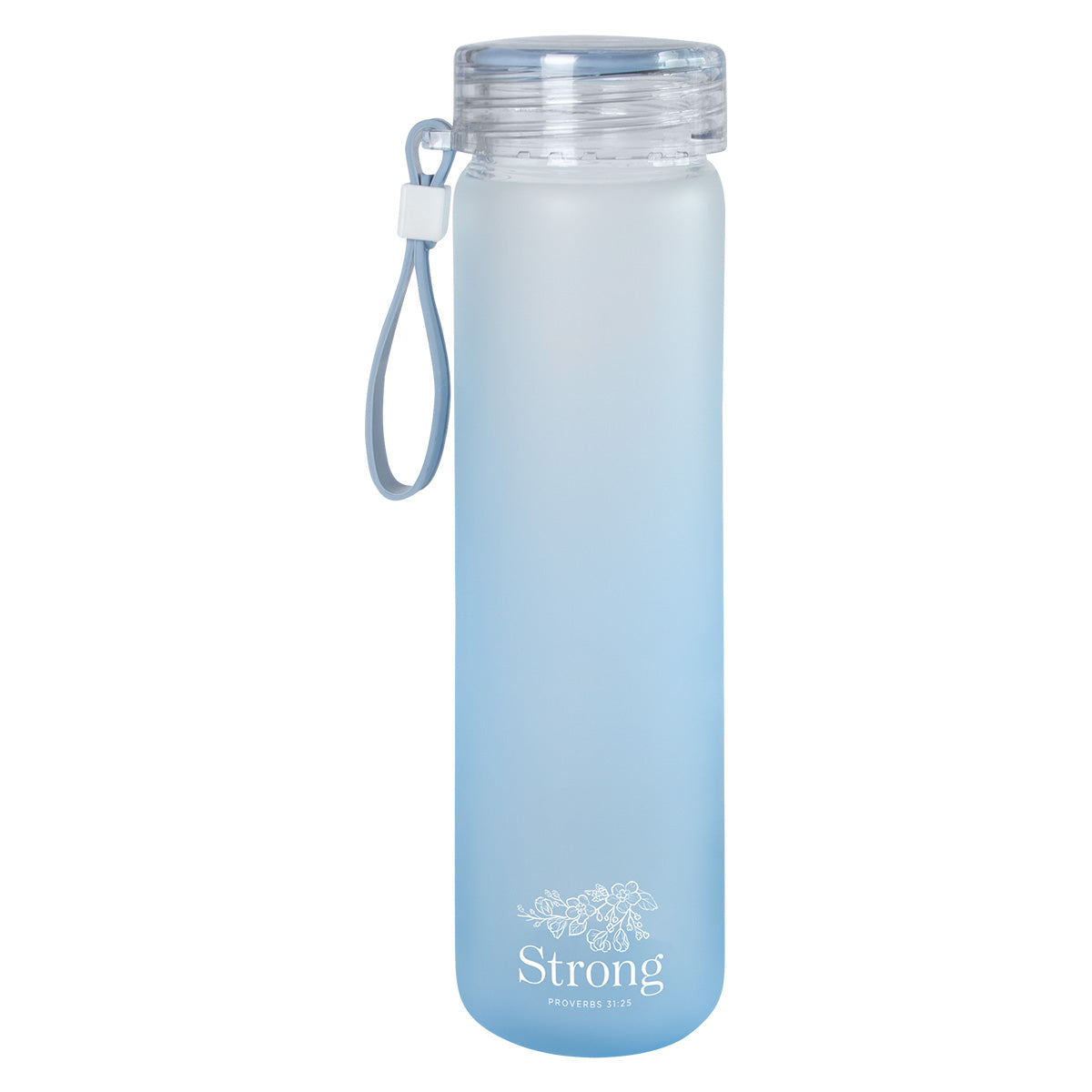 Strong Blue Frosted Glass Water Bottle - Proverbs 31:25